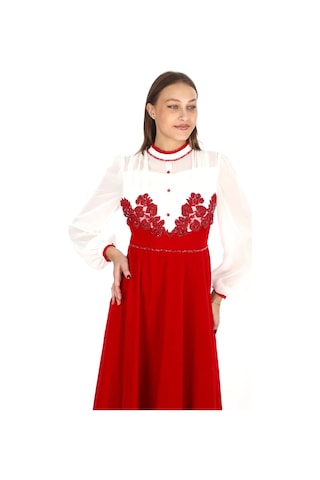 Göğüs Dantel İşlemeli Kadife Abiye 2743- Kırmızı