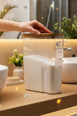 Snippy - Armoni - 3'lü Büyük Boy Deterjan Saklama Kutusu Etiketli Banyo Toz Tablet Toz Deterjan Kutusu 2500ml Şeffaf