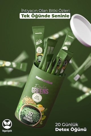 Momordica Daily Greens Spirulina, Yeşil Çay, Biberiye, Açlık Otu, Rezene +11 Bitki - 20 Saşe