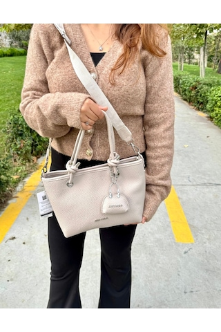Just Polo Kadın Orijinal Just Polo Yumuşak Deri 4 Bölmeli Günlük Lüks El Ve Omuz Çantası Shoulder Bag Ekru