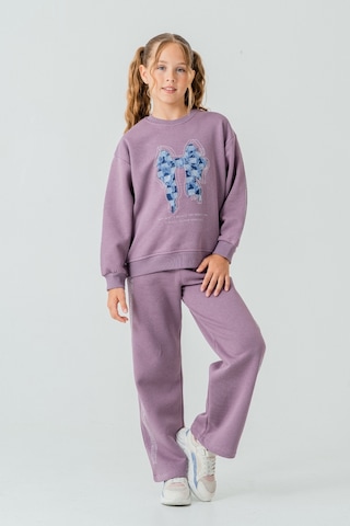 Kız Çocuk Fiyonk Nakışlı Taşlı 3 İplik Kalın Kışlık Eşofman Takımı Ak4222 Mor