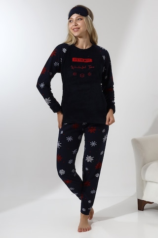 Fawn 5009 Peluş Welsoft Polar Kışlık Yumoş Kadın Pijama Takımı Lacivert