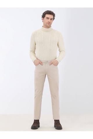 Kip Bej Düz Dokuma Slim Fit Casual Pamuk Karışımlı Pantolon Bej