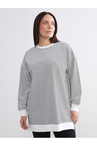 Lcw Modest Siyah Büyük Beden Bisiklet Yaka Çizgili Kadın Sweatshirt Tunik