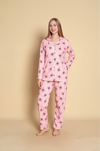 Kadın Gömlek Desenli Uzun Kol Pijama Takımı Pembe