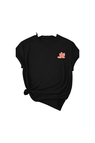Spoyi Pastel Çiçekler Tasarımlı %100 Pamuk Yarım Oversize Siyah T-shirt