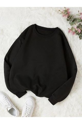 Baskısız Düz Sweatshirt - Siyah Kalın Kışlık Şardonlu Uzun Kol Oversize Bisiklet Yaka Siyah