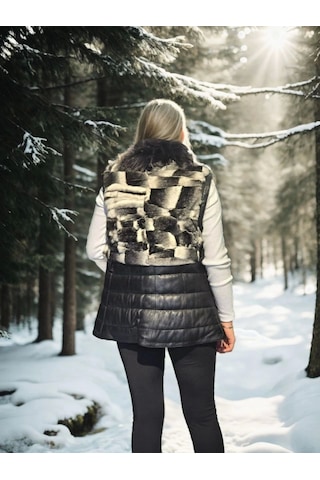 Kadın Kolsuz Hakiki Deri Kürk - Siyah Bordo