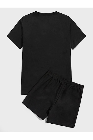 Siyah Şort Siyah Tişört Takım Ayıcık Baskılı Oversize Unisex Siyah-276396