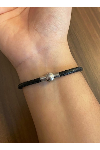 Unisex Çivi Model Gümüş Detay Siyah Bileklik