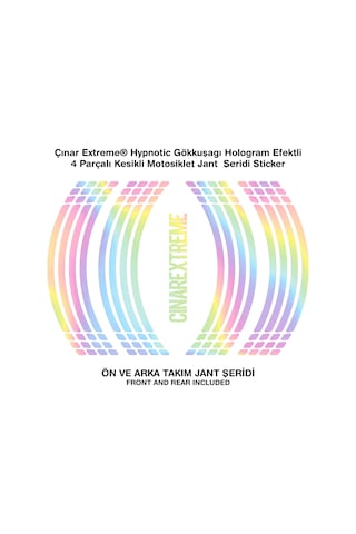 Çınar Extreme Hypnotic Gökkuşağı Hologram Efektli 4 Parçalı Kesikli Motosiklet Jant Şeridi Sticker