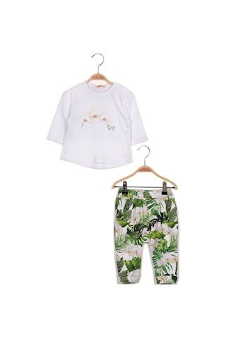 Kız Bebek Çiçek Baskılı Uzun Kollu T-shirt Ve Yaprak Baskılı Tek Alt Takım Yesil