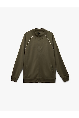 Koton Uzun Kollu Çizgi Detaylı Cepli Pamuklu Dik Yaka Fermuarlı Sweatshirt Haki 6wam70088mk