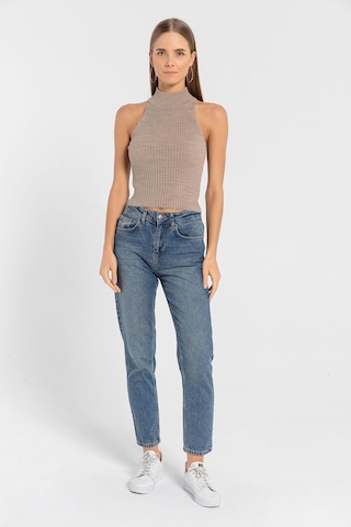 Miss Poem Kadın Kolsuz Slim Fit Boğazlı Fitilli Kısa Antrasit Triko Crop Vizon