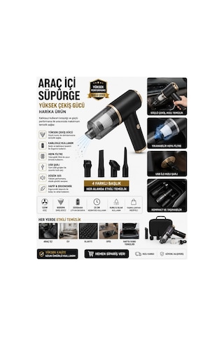 Kablosuz Araç İçi El Süpürgesi Şarjlı Mini Vakum Temizleyici 8500pa Güçlü Emiş Hepa Filtre Usb Şarjlı Islak & Kuru Kullanım