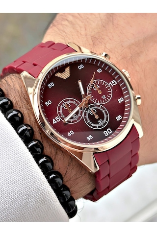 Premium Tasarım Silikon Kordon Exclusive Serisi Metal Kasa Erkek Kol Saati-bileklik Hediyeli Bordo