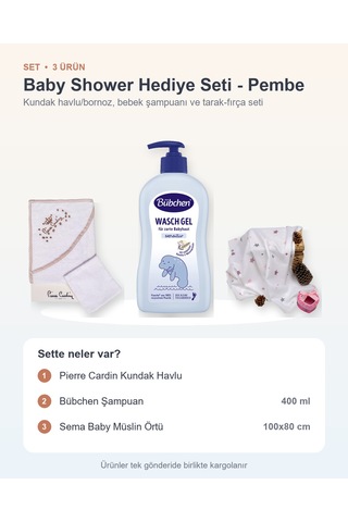 Baby Shower Hediye Seti 3 Parça: Kundak Havlu + Şampuan + Müslin Örtü - Pembe 400 Ml