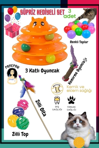 8'li Set:3'lü Renkli Top+kedi Oltası+3 Katlı Oyuncak+çıngıraklı Top+tırmalama Oyuncak+süpriz Hediye