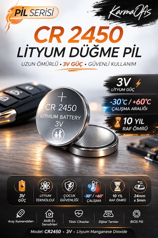 Cr2450 3v Lityum Düğme Pil 1 Adet Araç Kumanda, Tartı, Sensör Uzun Ömürlü Lithium Coin Battery