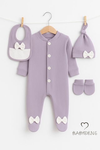 Babyden's 4 'lü Kız Bebek Fitilli Yenidoğan Bebek Tulum Seti %100 Pamuklu Hastane Çıkışı Lila