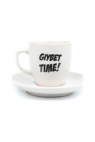 Gıybet Time Krem Türk Kahvesi Fincanı - Hediye Seramik Türk Kahvesi Fincanı Açık Ahşap