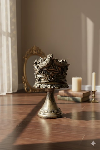 Dekoratif Polyester Kuşlu Ayaklı Şamdan Mumluk Gold Eskitme 23x11x10 Cm Çok Renkli