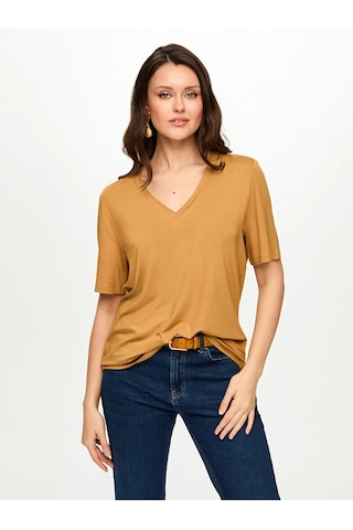 Faik Sönmez V Yaka Kısa Kol Kadın T-shirt Bs26tsh001 Camel