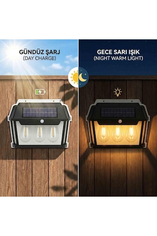 Panther Pt-2933 3lü Solar Led Duvar Lambası - Sarı Işık Ve Hareket Sensörlü Bahçe Aydınlatması