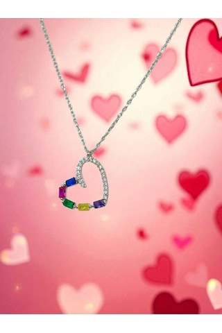 Renkli Baget Taşlı Kalp Figürlü 925 Ayar Gümüş Kolye Modern Tasarım Gümüş