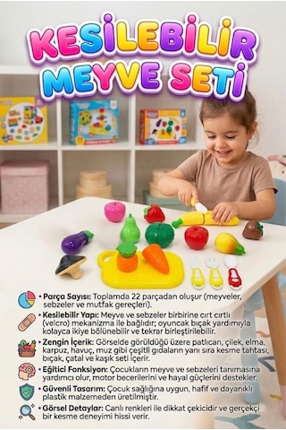 Kesilebilir Meyve Ve Sebzeler 22 Parça Cırt Cırt Mekanizmalı Eğitici Oyuncak Mutfak Seti 1