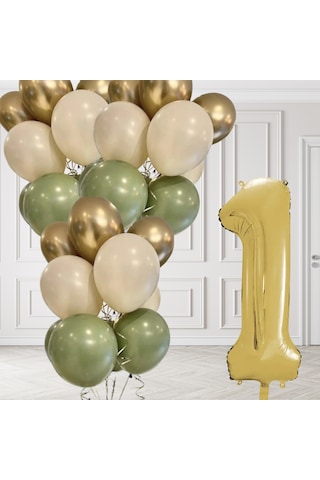 1 Yaş Retro Küf Yeşili Krom Gold Kum Beji Balon Seti Gold Rakam Doğum Günü Balonu Şık Parti Süsleme Çok Renkli
