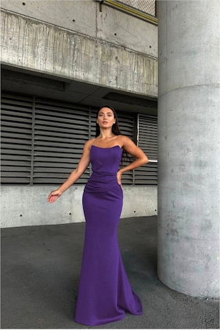 DefyModa Kadın Esnek Likralı Kumaş Straplez Maxi Abiye Elbise Mor