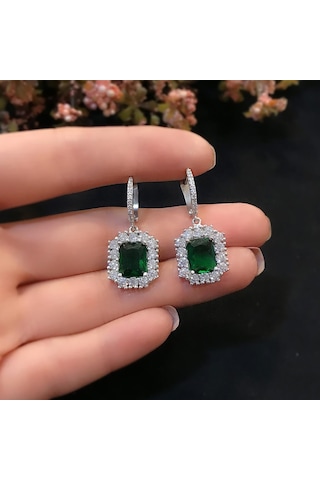 Stella Gümüş Zümrüt Baget Küpe Yeşil