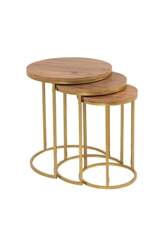 Alya Yuvarlak Ahşap Üçlü Zigon Sehpa Gold