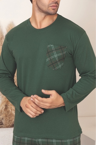 Sude Homewear Erkek Ekoseli Cepli Uzun Kollu Pijama Takımı Haki