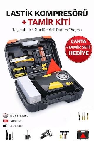 Dybox Pro Basınç Göstergeli Kompresör Oto Araç Lastik Şişirme Pompası Ve Tamir Seti 150 Psi-12v Sarı