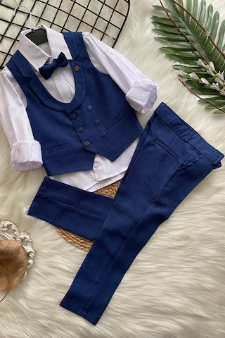 Katlama Detay Yelekli Rozetli Çocuk Takım Elbise Sax Saks Mavi