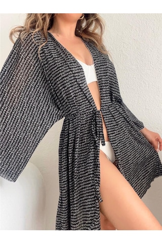 Pink Life Siyah Tül Üzeri Golf Baskılı Likralı Kimono Tarzı Pareo-siyah Siyah