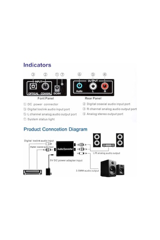 Digital To Analog Stereo Rca Optik Toslink Ses Çevirici Dönüştürücü