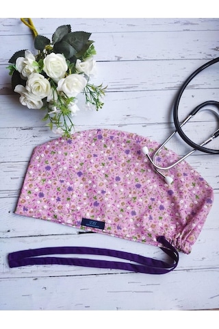 Tesettür Gülkurusu Çıtır Çiçek Desenli Cerrahi Bone Doktor Hemşire Sağlıkçı Bonesi Geniş Kesim