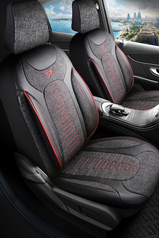 Füme - Kırmızı Panda Bakü Serısı Keten Kumaş Oto Koltuk Kılıfı - Tam Set