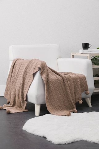 Biocotton Triko Ponponlu Örgü Tv Battaniyesi - Vizon