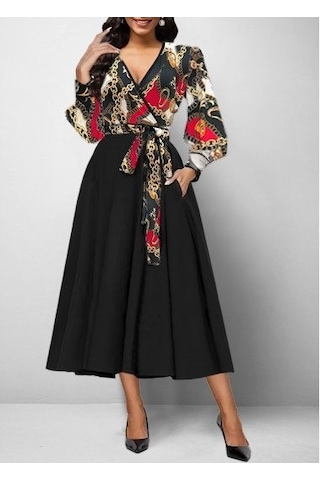 Kadın Kruvaze Yaka Uzun Kollu Dalgıç Krep Midi Elbise