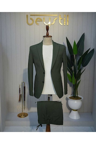 Bys Beystil Sivri Yaka Haki Spor Casual Jogger Takım Gofre - Slim Fit