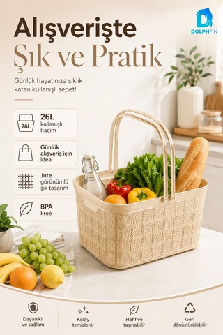 Jute Alışveriş Sepeti 26 L Çok Amaçlı Saklama Taşıma Sepeti Çamaşır Oyuncak Düzenleyici Bej