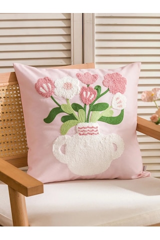 Pembe Çiçek Nakışlı Kırlent Kılıfı 45x45 Cm
