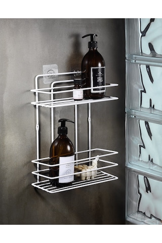 2 Katlı Beyaz Yapışkanlı Banyo Rafı, Duş, Şampuanlık Düzenleyici, Paslanmaz Metal (Vidala/Yapıştır) - TŞ-02