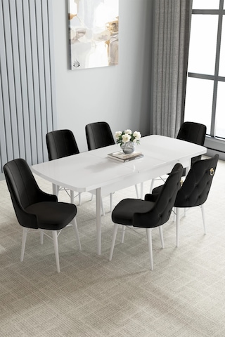 Zümra Serisi, Beyaz 80x132 Açılabilir Mdf Mutfak Masası Takımı 6 Adet Sandalye, Siyah