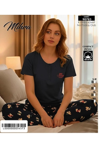 Mihra Kadın Compakt Penye Düğmeli Yaka Kısa Kol İnce Pijama Takımı 90783l - 1 Adet Lacivert