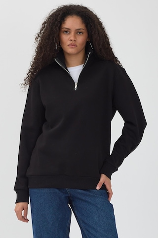 Unisex Regular Fit Rahat Kesim Pamuklu Içi Polarlı Yarım Fermuarlı Siyah Dik Yaka Sweatshirt Siyah